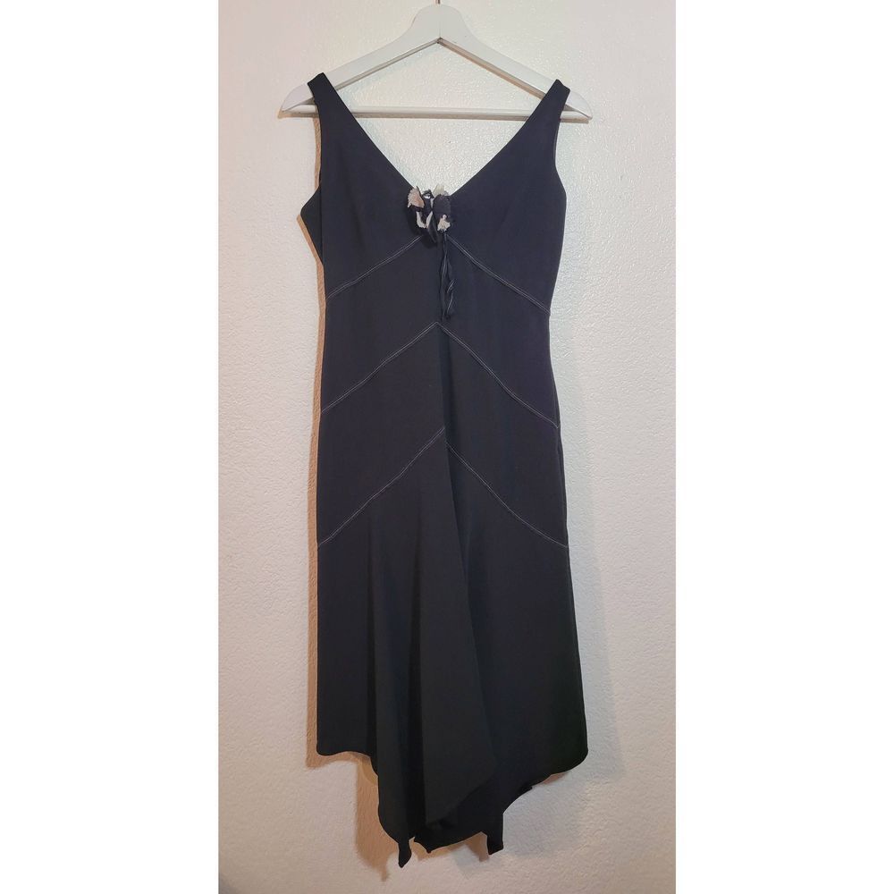 BCBG MAX AZRIA Black Sleeveless Tank Dress Size 4 High Low Hem Removable Flower